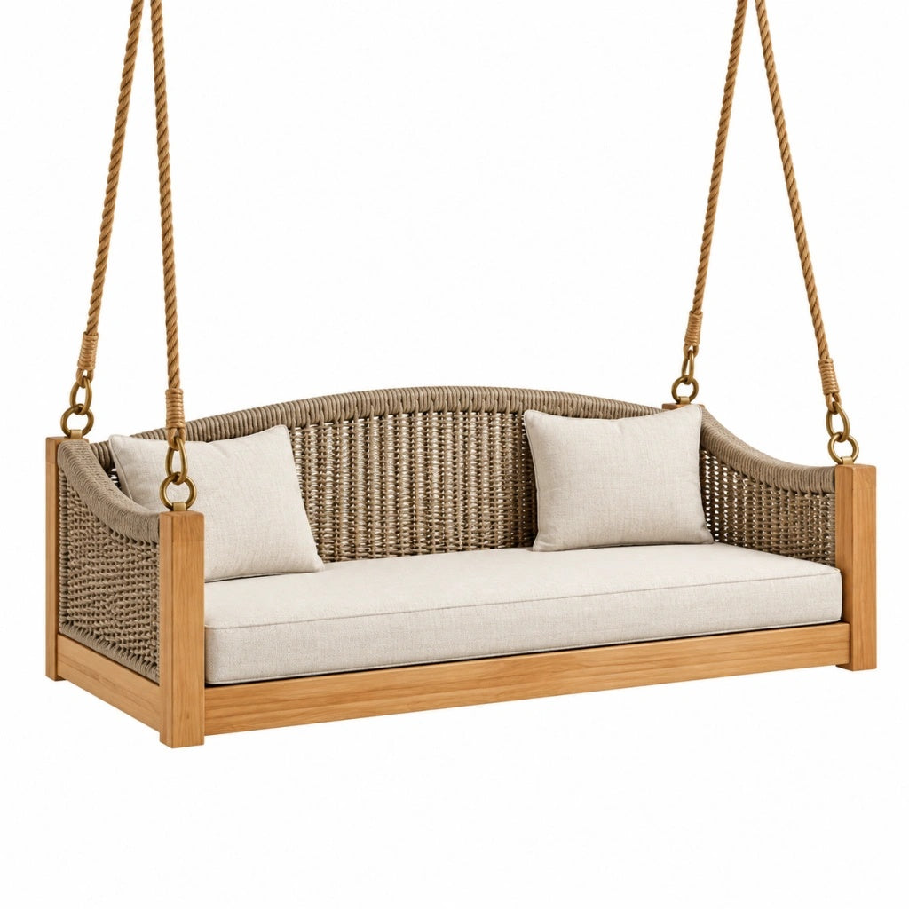 Huśtawka ogrodowa dwuosobowa 150 x 75 x 65 cm z drewna i plecionego sznura beżowa wisząca