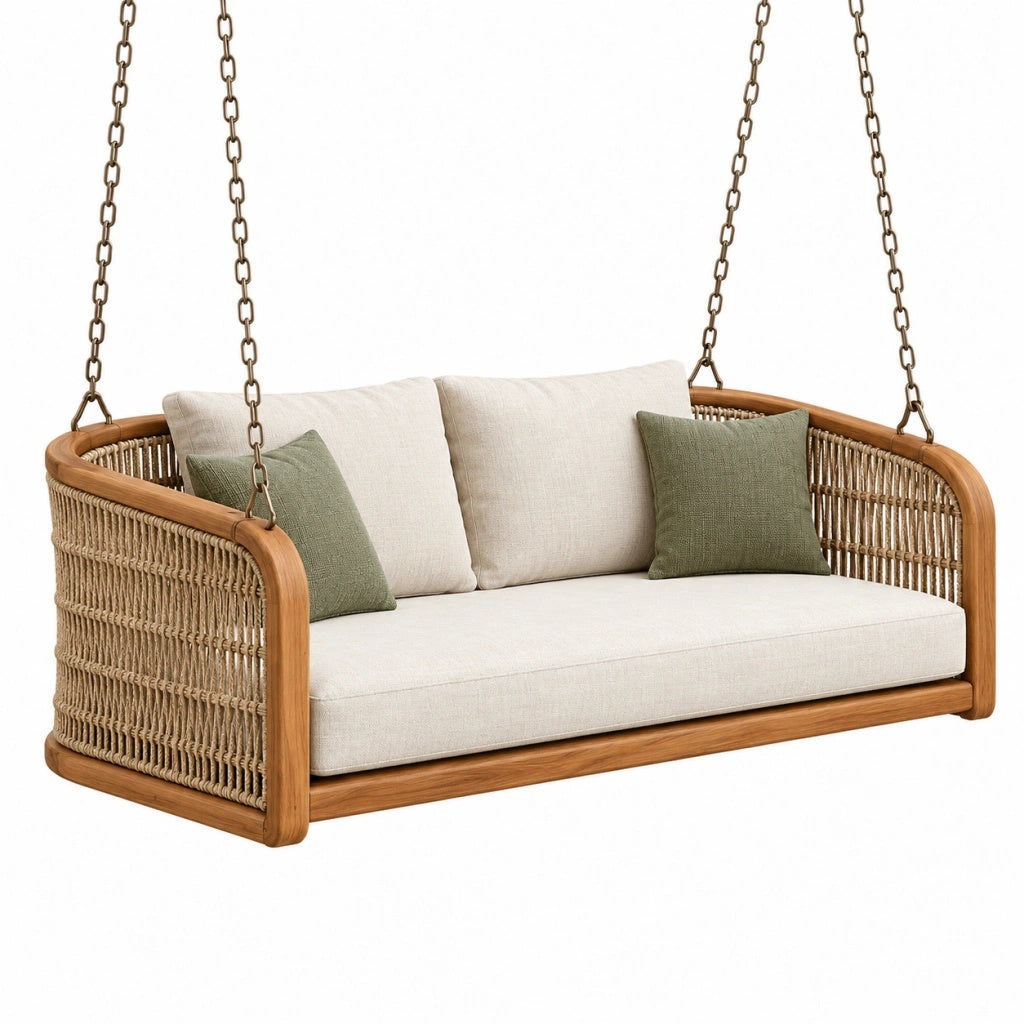 Wisząca sofa ogrodowa 180 x 75 x 75 cm z drewna i plecionki beżowo-brązowa - dwuosobowa