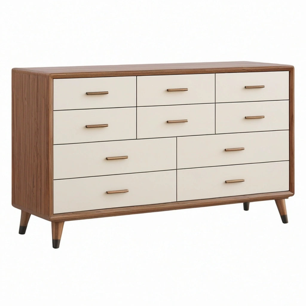 Komoda 160 x 45 x 90 cm drewniana brązowo kremowa z 10 szufladami w stylu retro