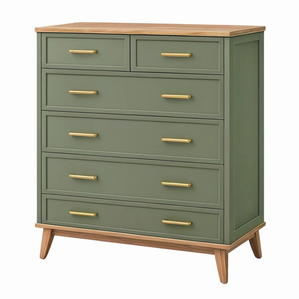 Komoda 100 x 45 x 120 cm zielona drewniana z 6 szufladami w stylu retro