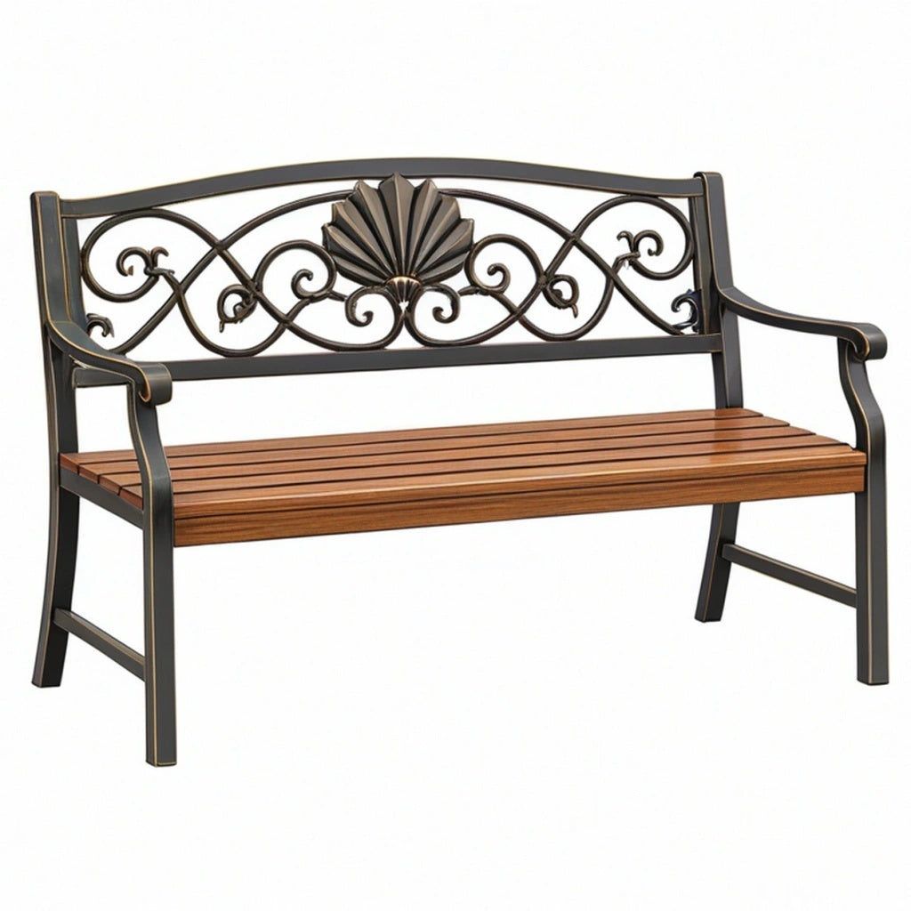 Ławka ogrodowa 120 x 60 x 90 cm z drewna i metalu brązowo czarna dekoracyjna