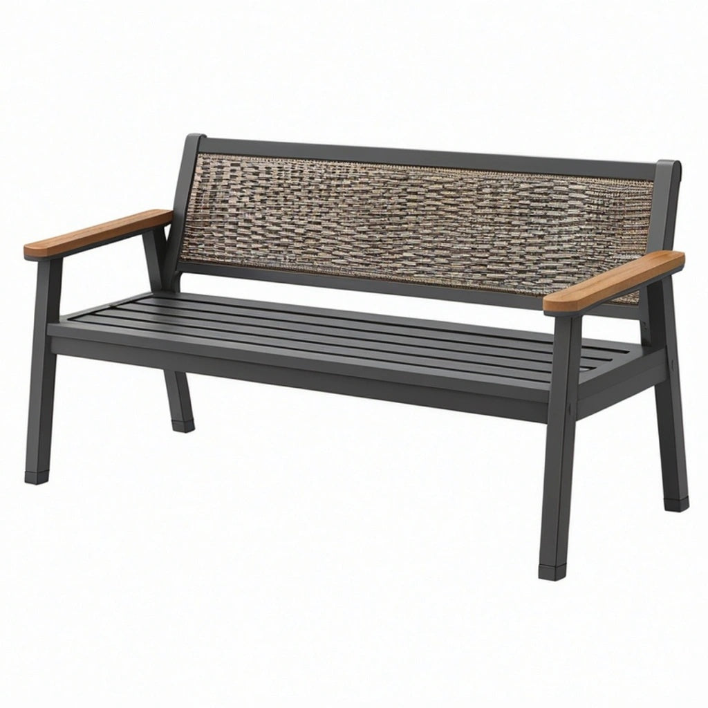 Ławka ogrodowa 120 x 60 x 82 cm z metalową ramą czarna z drewnianymi podłokietnikami